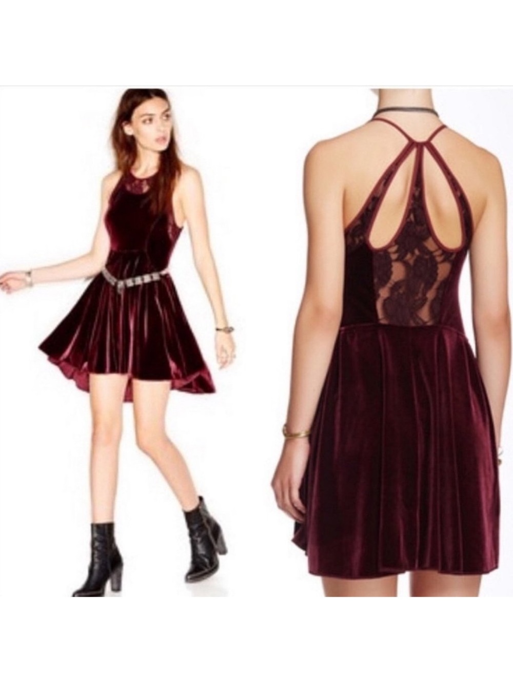 Free People Velvet Strappy Mini Dress in Burgundy Y2K vintage free people
